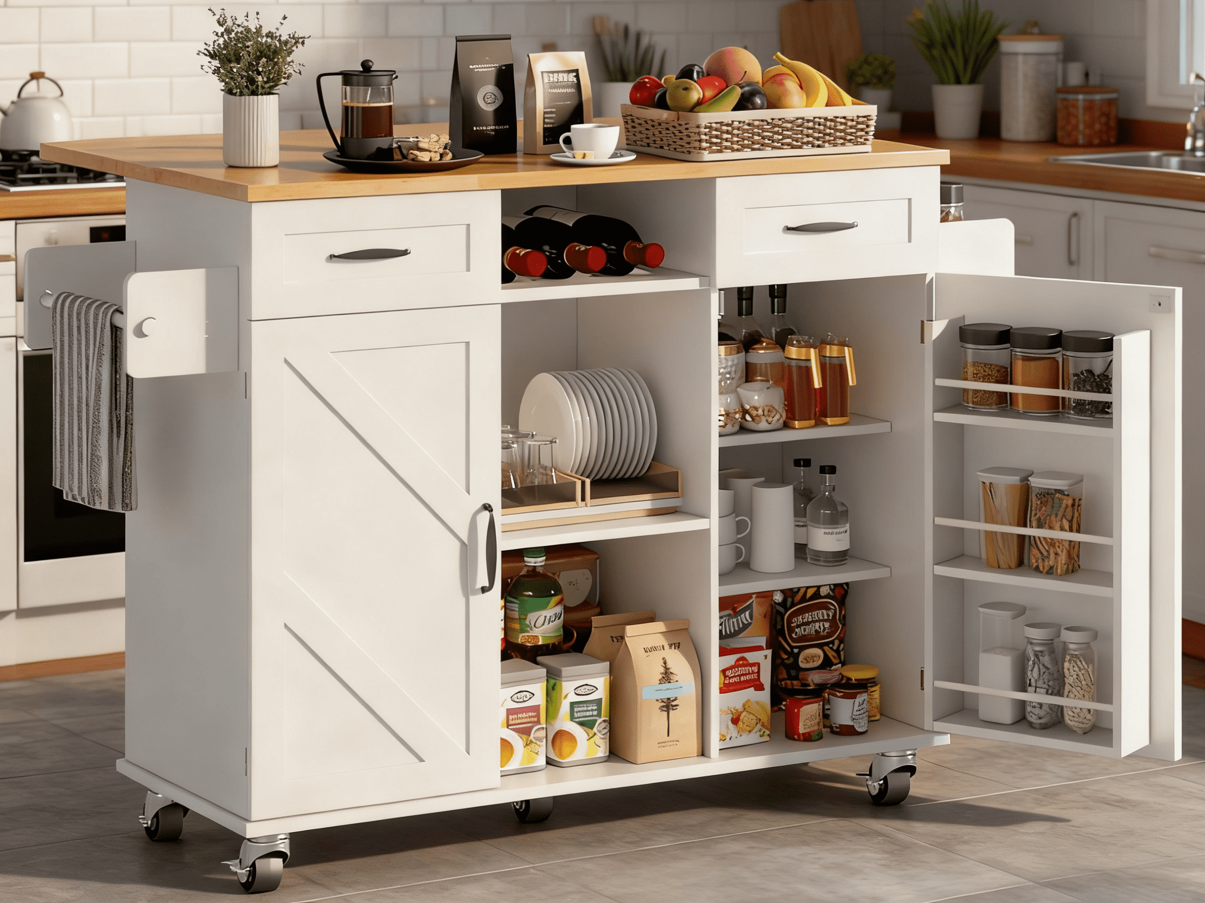 Rolling Kitchen Island Cart with Storage Cabinet & Drop Leaf, Mobile Kitchen Island on Wheels with Drawers, Spice Rack & Towel Holder, Farmhouse Butcher Block Countertop, 51.5" Kitchen Storage Table