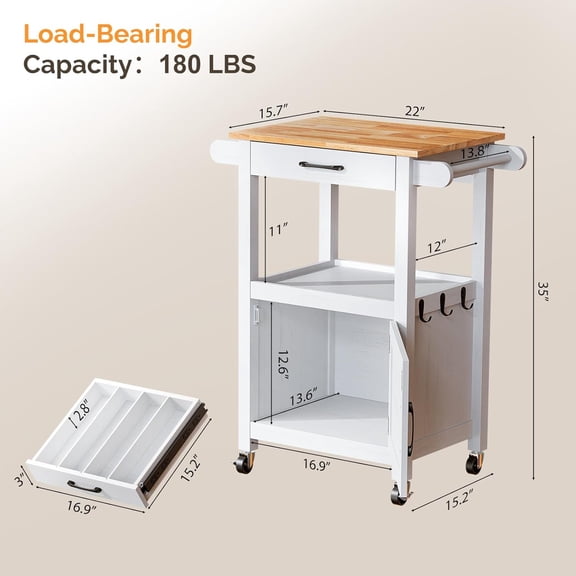 Rolling Kitchen Island Cart with Storage Cabinet & Microwave Stand, Small Coffee Bar Cart on Wheels with Drawer, Towel Rack for Small Kitchen Apartment, White