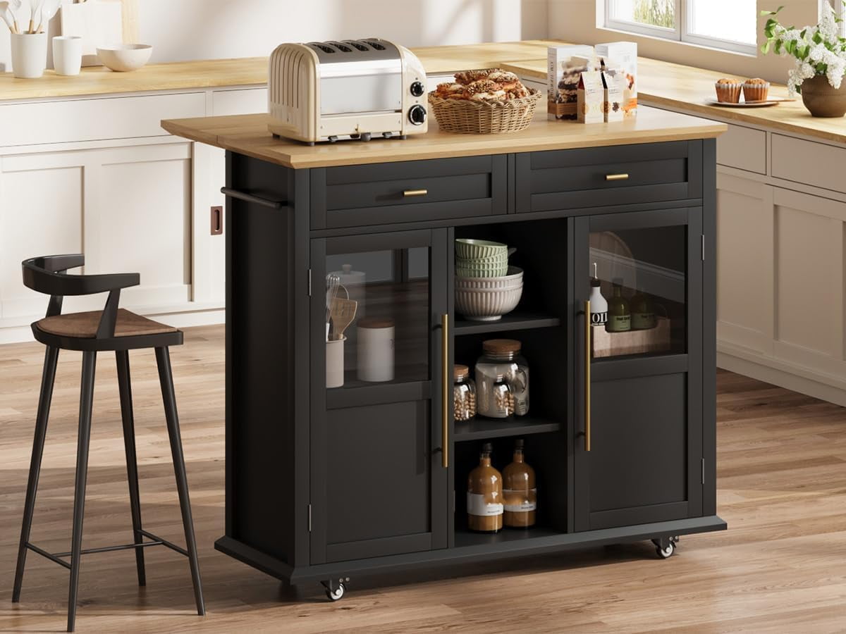 Rolling Kitchen Island Cart with Storage, Foldable Drop Leaf Top, 2 Glass-Door Cabinets, 2 Large Drawers, Spice Rack & Towel Bar, Mobile Kitchen Cart on Lockable Wheels, Black