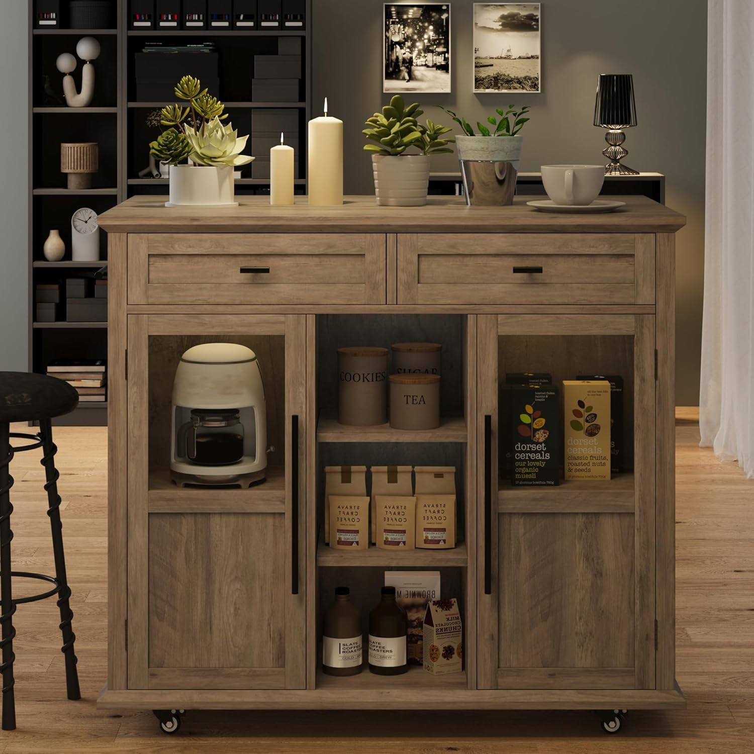 Rolling Kitchen Island Cart with Storage, Foldable Drop Leaf Top, 2 Glass-Door Cabinets, 2 Large Drawers, Spice Rack & Towel Bar, Mobile Kitchen Cart on Lockable Wheels, Grey