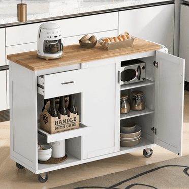 Rolling Kitchen Island Cart with Storage, Moveable Kitchen Island with Drop Leaf, Portable Kitchen Storage Islands & Carts with Drawers and Shelves for Dining Room, Kitchen, White