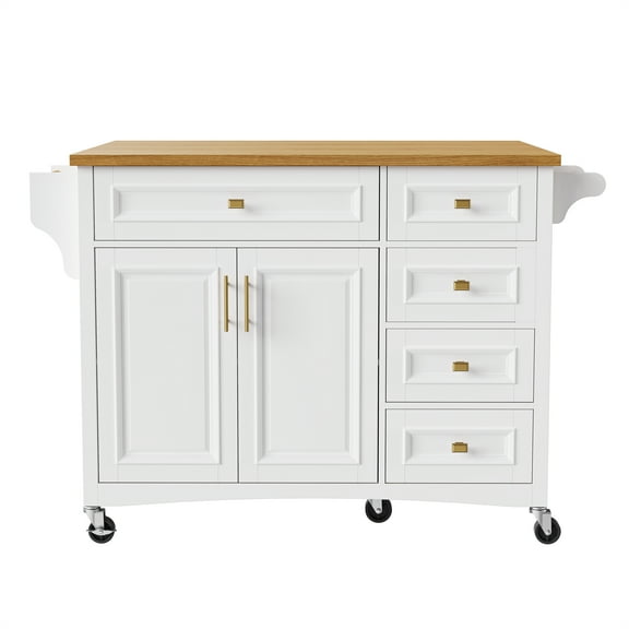 Rolling Kitchen Island Cart On Wheels, Mobile Kitchen Island With 2 Doors, 5 Drawers, Spice Rack And Towel Rack, Storage Island For Home, Dining Room, Garage