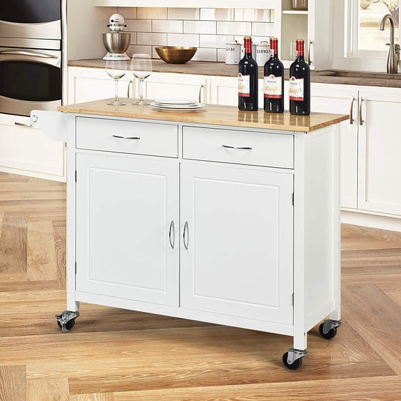 Rolling Kitchen Island Cart on Wheels, Utility Trolley Cart Bar Serving Cart w/Rubber Wood Top, Handle Rack, Storage Cabinet and Drawers for Home Kitchen Dining Room, White