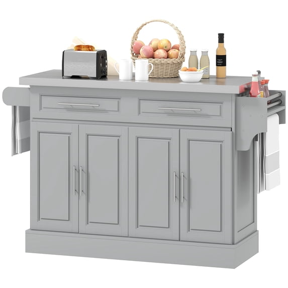 Rolling Kitchen Island Cart with 47″ Stainless Steel Top, Portable Kitchen Island Table with Wheels, Adjustable Shelves, Drawers & Accessory Racks