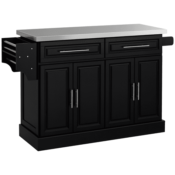 Rolling Kitchen Island Cart with 47″ Stainless Steel Top, Portable Kitchen Island Table with Wheels, Adjustable Shelves, Drawers & Accessory Racks