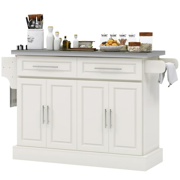 Rolling Kitchen Island Cart with 47″ Stainless Steel Top, Portable Kitchen Island Table with Wheels, Adjustable Shelves, Drawers & Accessory Racks