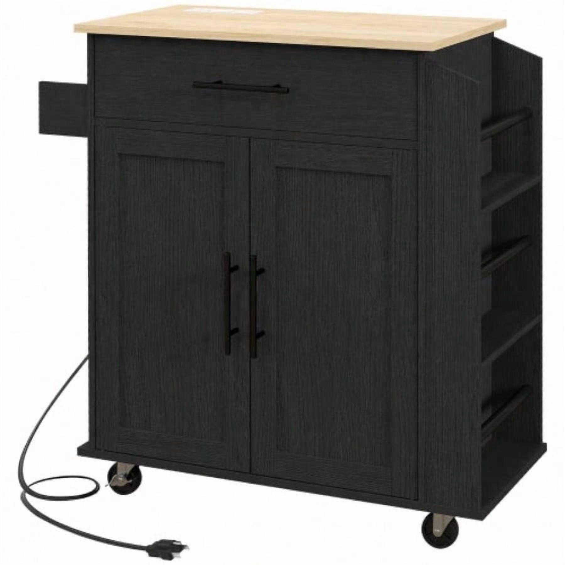 Rolling Kitchen Island Cart with Built-In AC Outlets & USB Ports, Equipped with Towel & Spice Racks, Black Color