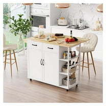 Rolling Kitchen Island Cart with Drop Leaf,2 Drawers & 3-Tier Spice Racks, Movable Storage Cart with Towel Holder for Kitchen, Dining Room, White