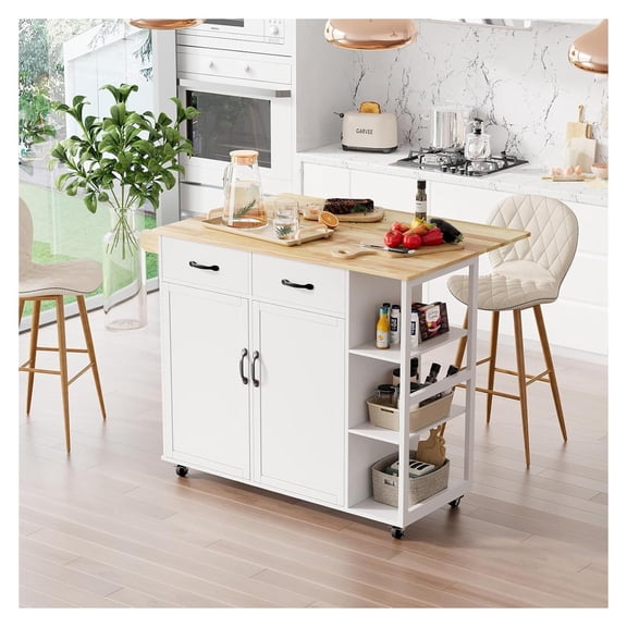 Rolling Kitchen Island Cart with Drop Leaf,2 Drawers & 3-Tier Spice Racks, Movable Storage Cart with Towel Holder for Kitchen, Dining Room, White