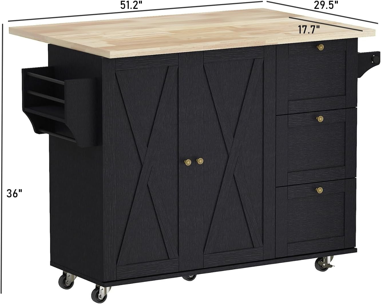 Rolling Kitchen Island Cart with Drop Leaf & 3 Drawers Storage, Movable ...
