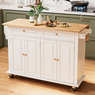 JassmiPkwy Rolling Kitchen Island Cart with Drop Leaf Countertop, with Storage, 2 Drawers, Towel Rack, White