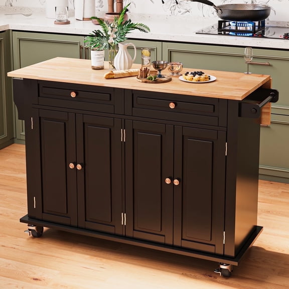 JassmiPkwy 51’’ Rolling Kitchen Island Cart with Drop Leaf Countertop, with Storage, 2 Drawers, Towel Rack