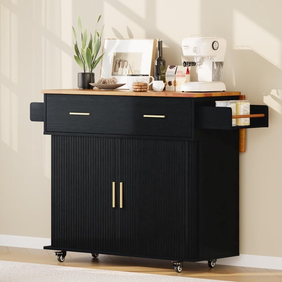 Rolling Kitchen Island Cart with Drop Leaf, Mobile Kitchen Cart on Wheels with Sliding Door, Drawer & Storage Rack, Black