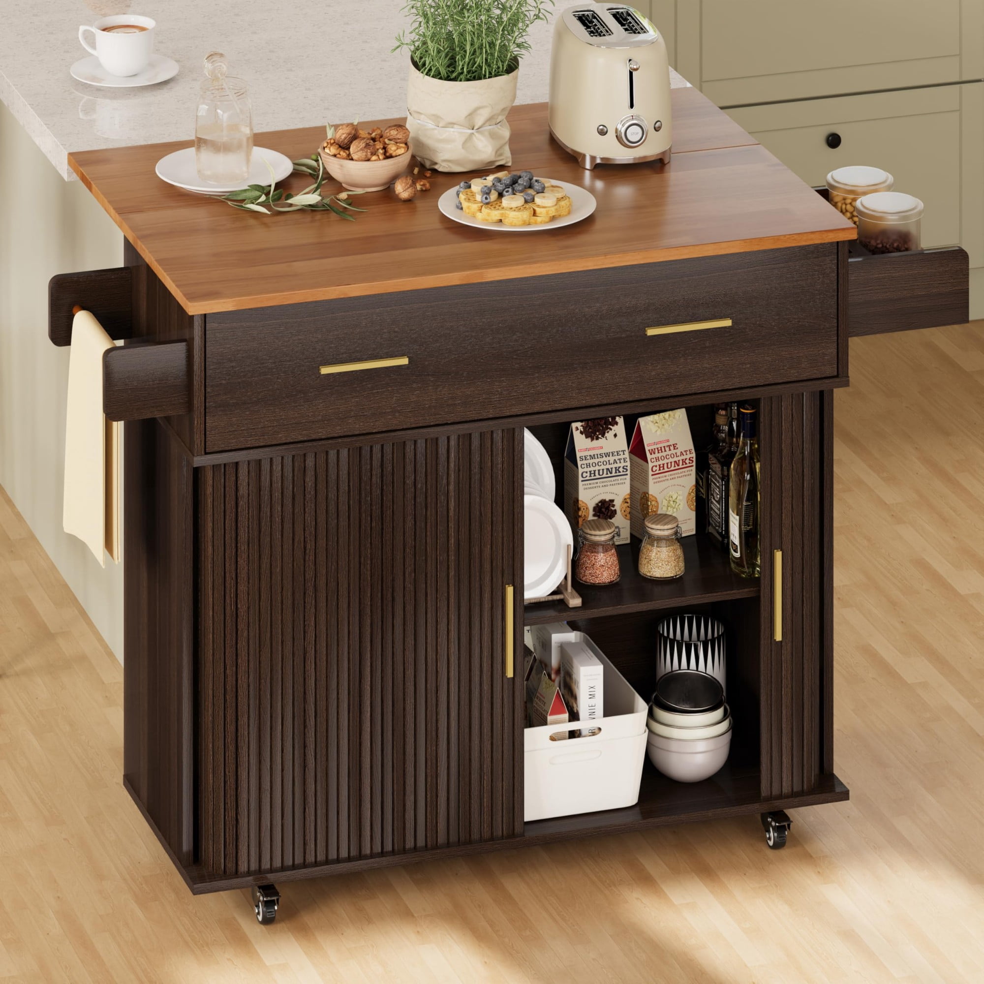 Rolling Kitchen Island Cart with Drop Leaf, Mobile Kitchen Cart on Wheels with Sliding Door, Drawer & Storage Rack, Coffee