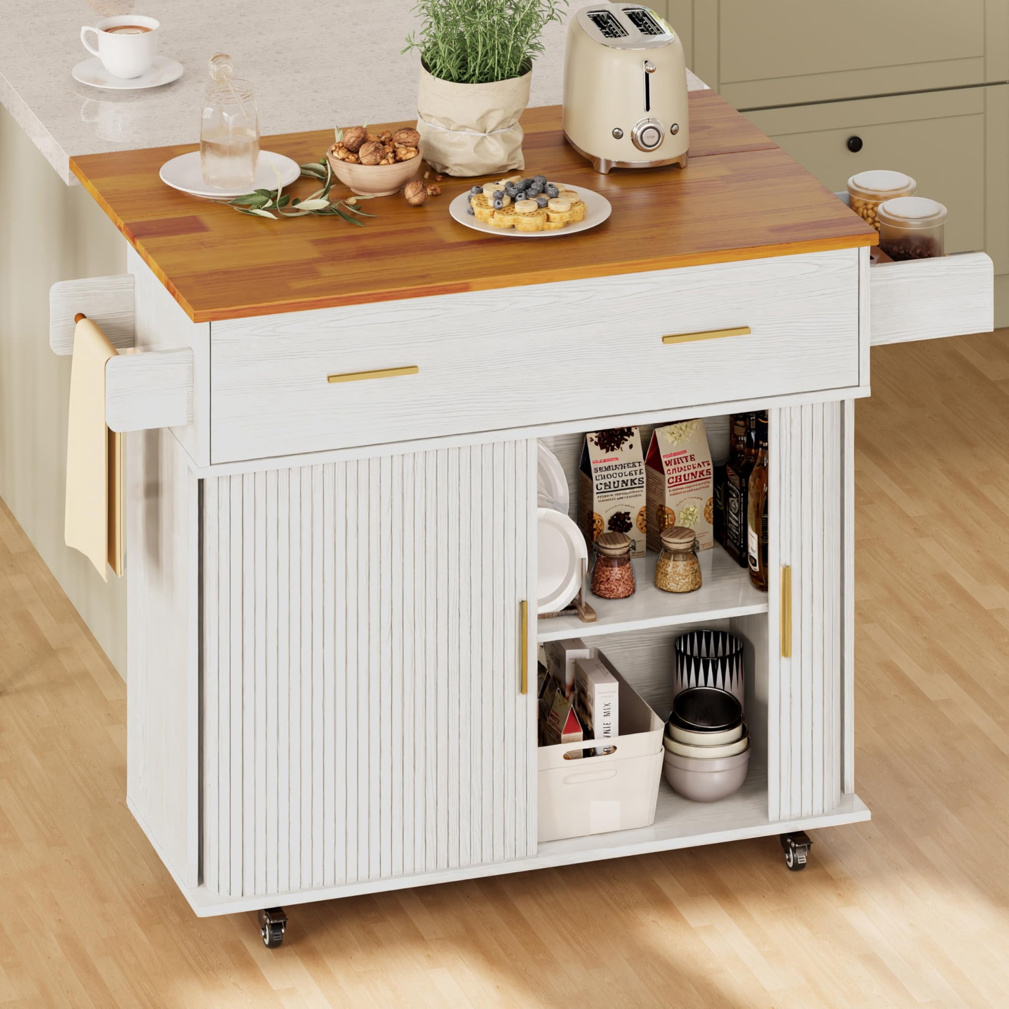 Rolling Kitchen Island Cart with Drop Leaf, Mobile Kitchen Cart on Wheels with Sliding Door, Drawer & Storage Rack, White