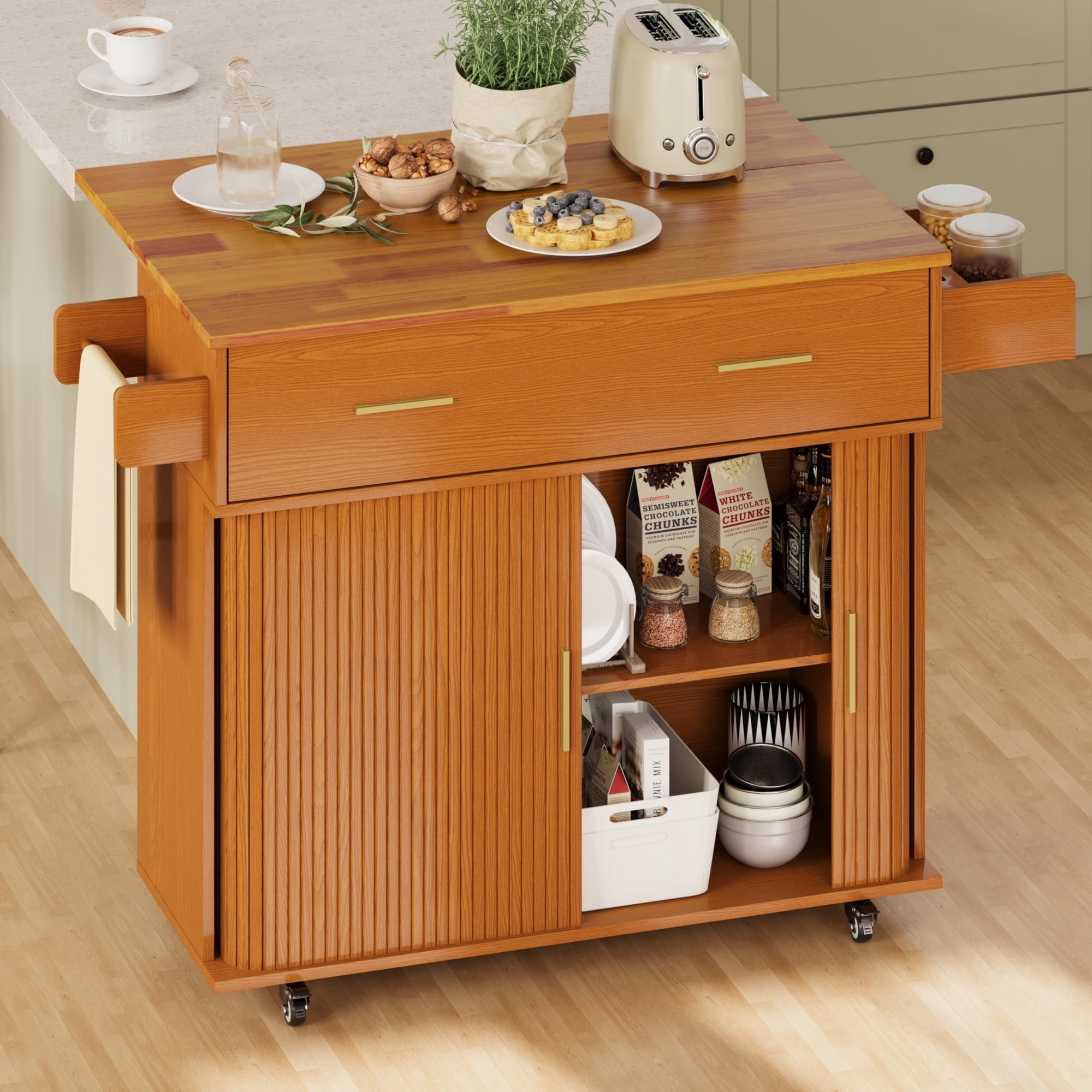Rolling Kitchen Island Cart with Drop Leaf, Mobile Kitchen Cart on Wheels with Sliding Door, Drawer & Storage Rack, Yellow