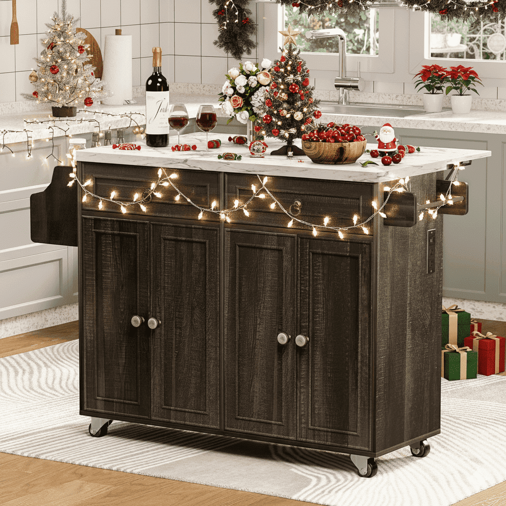 Farmhouse Kitchen Island Cart with Foldbale Tabletop and Power Outlet, Portable Rolling Kitchen Island with Locking Wheels, Spice Rack & Storage Cabinet, Retro Brown