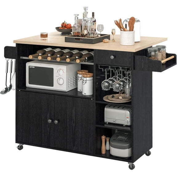 Rolling Kitchen Island Cart with Drop-Leaf Top, Wine Rack, Drawer, Shelves, Spice Rack & Cup Hooks, Black