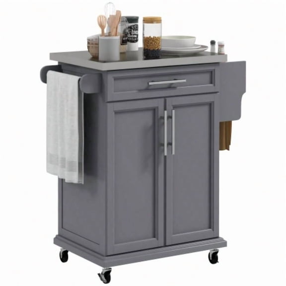 Rolling Kitchen Island Cart with Stainless Steel Countertop, Drawer, Towel and Spice Racks, Gray