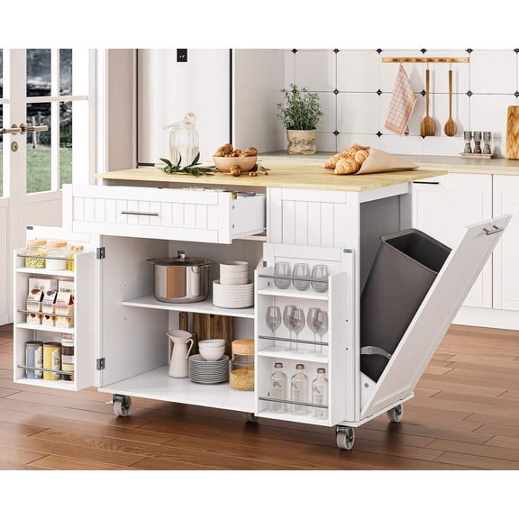 Rolling Kitchen Island Cart with Storage, 43.3" Mobile Island Table with Trash Can Compartment, Towel Bar, and Drop Leaf Rubberwood Top, White