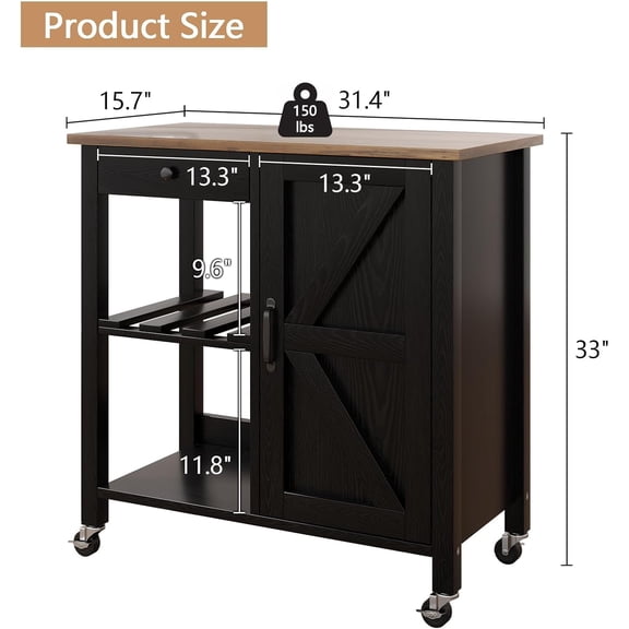 Rolling Kitchen Island Cart with Storage, Bar Cart with Wine Rack and Adjustable Shelves, Small Kitchen Island on Wheels for Kitchen,Black