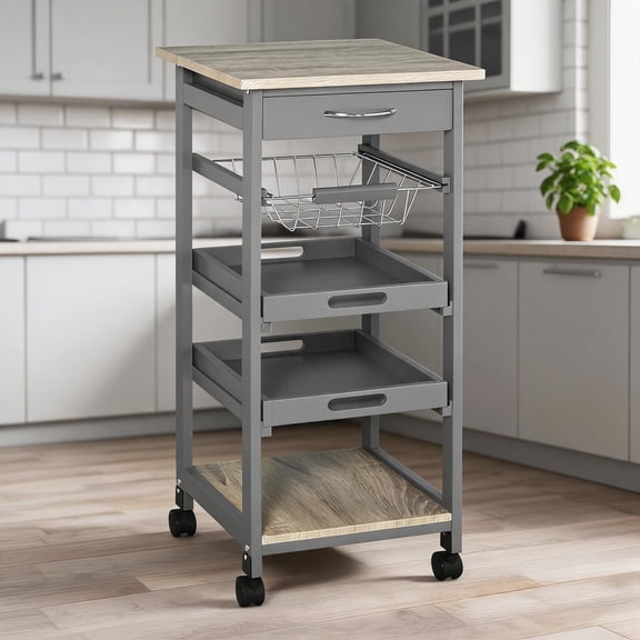 Rolling Kitchen Island Cart with Storage Drawer and Slide-Out Basket, classic gray, for Kitchen, Dining, and Laundry Rooms