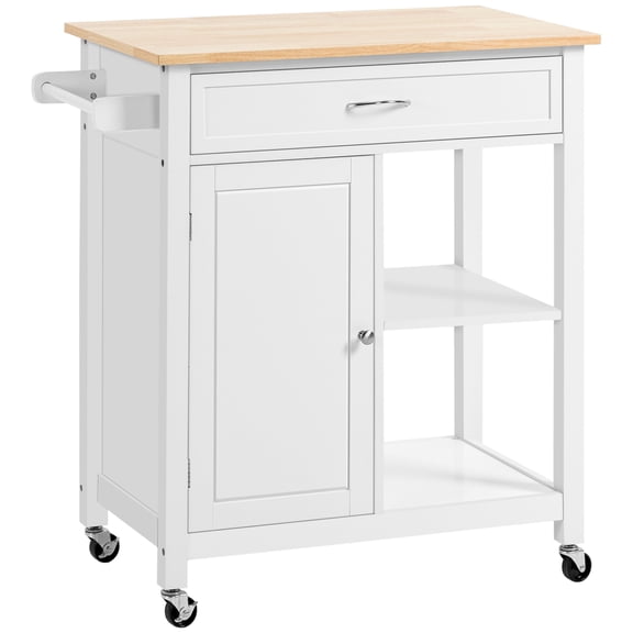 Rolling Kitchen Island Cart with Storage Shelf, Solid Wood Top, Drawer, for Dining Room, White