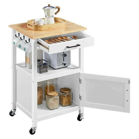 Rolling Kitchen Island Cart with Wood Top, Drawer & Lockable Wheels - White Utility Cart for Kitchen, Dining & Living Rooms