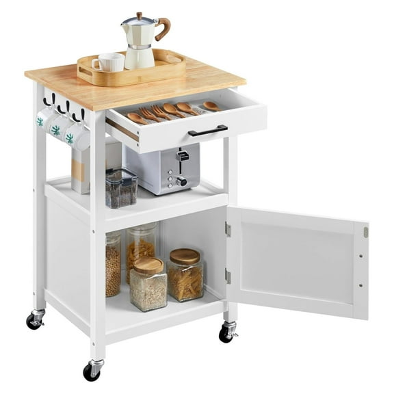 Rolling Kitchen Island Cart with Wood Top, Drawer & Lockable Wheels - White Utility Cart for Kitchen, Dining & Living Rooms