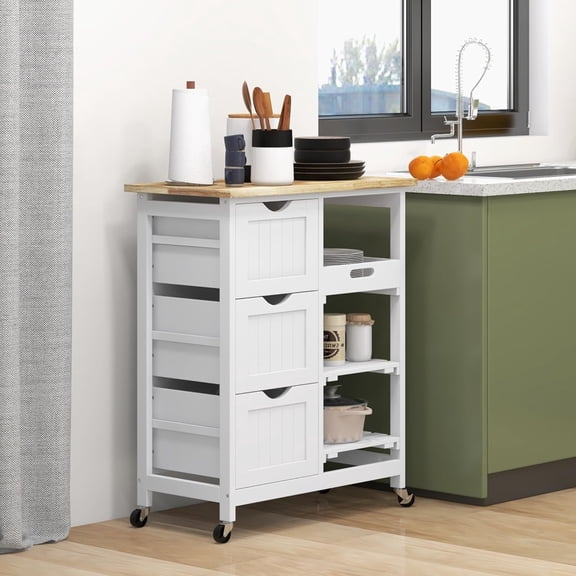 Rolling Kitchen Island Cart with Wood Top, Shelves & Drawers for Home Dining Area