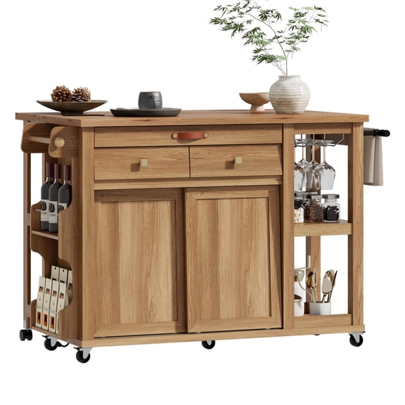Rolling Kitchen Island Cart with Wood Top, Storage Cabinet and Drawers, Mobile Kitchen Cart on Wheels, Easy Assembly, Natural Wood