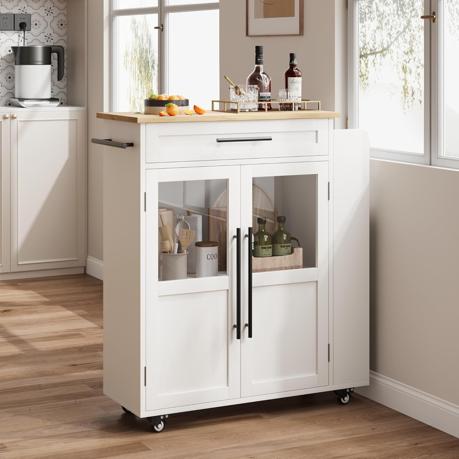 Rolling Kitchen Island with Drawer Mobile Wooden Cart with Storage Cabinet & 3-Tier Spice Rack, Thick Solid Wood Top Trolley 48" Farmhouse Coffee Bar Station with Glass Door Cabinet Spice Rack & Towel