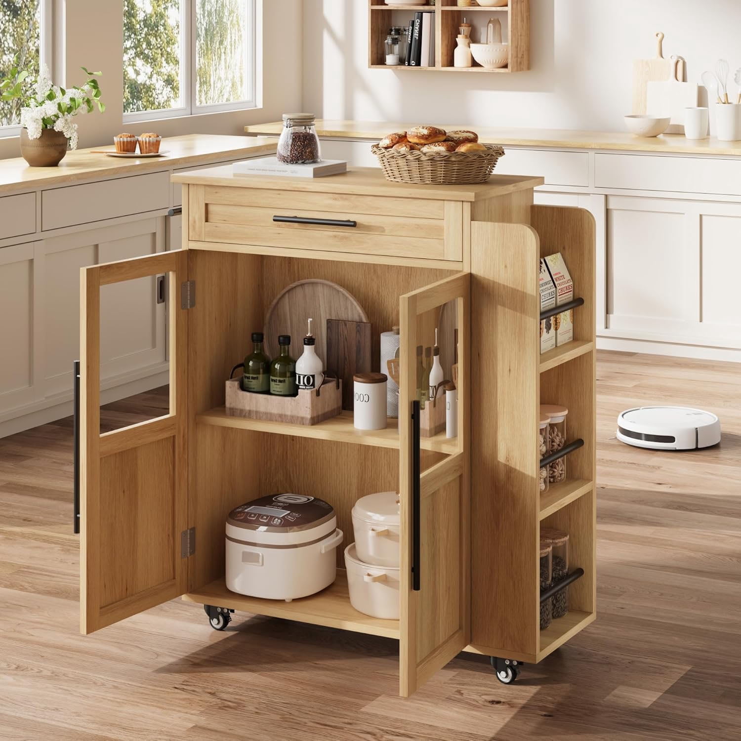 Rolling Kitchen Island with Drawer Mobile Wooden Cart with Storage Cabinet & 3-Tier Spice Rack, Thick Solid Wood Top Trolley 48" Farmhouse Coffee Bar Station with Glass Door Cabinet Spice Rack & Towel