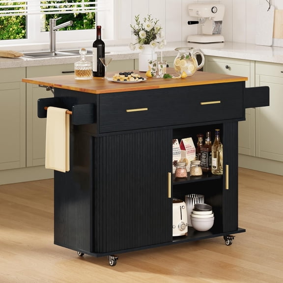 Rolling Kitchen Island with Drop Leaf Countertop&Ample Storage - 39.4" Small Mobile Kitchen Cart On Wheels with Sliding Door,Drawers,Spice Rack & 2-Tier Storage (Black)