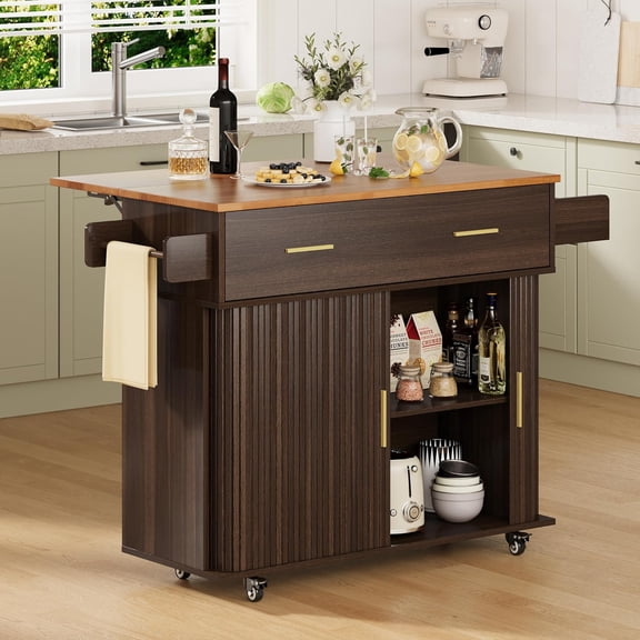 Rolling Kitchen Island with Drop Leaf Countertop&Ample Storage - 39.4" Small Mobile Kitchen Cart On Wheels with Sliding Door,Drawers,Spice Rack & 2-Tier Storage (Coffee)
