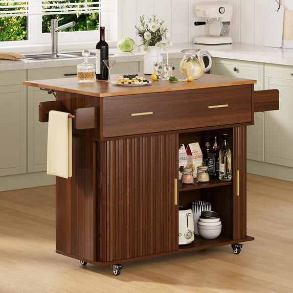 Rolling Kitchen Island with Drop Leaf Countertop&Ample Storage - 39.4" Small Mobile Kitchen Cart On Wheels with Sliding Door,Drawers,Spice Rack & 2-Tier Storage (Walnut)