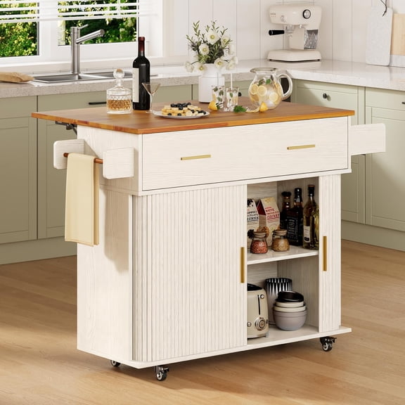 Rolling Kitchen Island with Drop Leaf Countertop&Ample Storage - 39.4" Small Mobile Kitchen Cart On Wheels with Sliding Door,Drawers,Spice Rack & 2-Tier Storage (White)