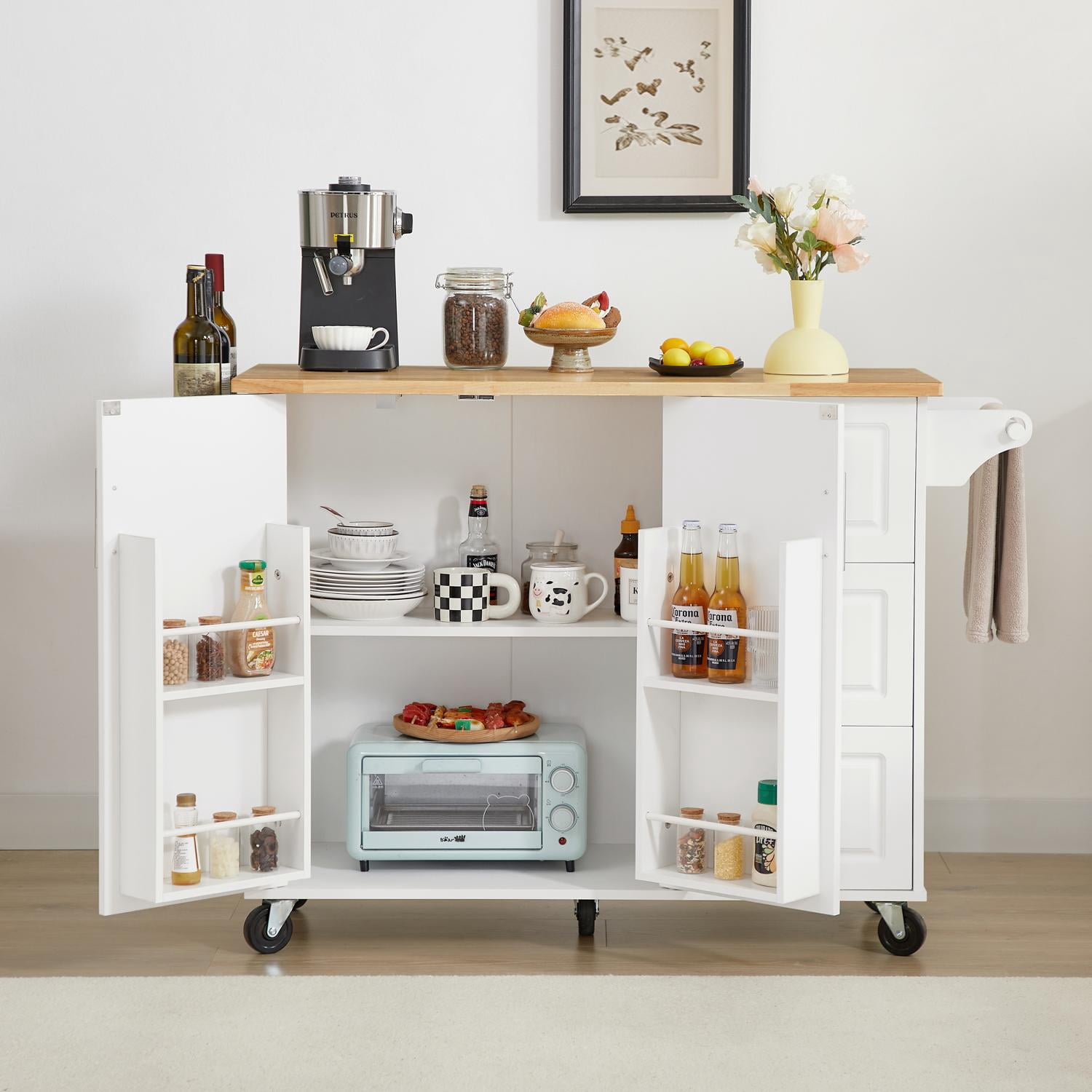 Rolling Kitchen Island with Drop Leaf Countertop, Farmhouse Kitchen Cart with Storage Cabinet & Tower Rack, Barn Door Table on Wheels, Space Saver, White