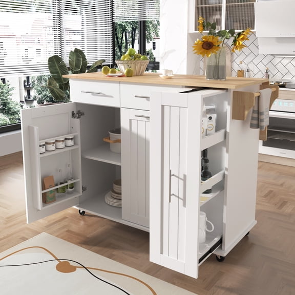 Rolling Kitchen Island with Drop Leaf, Kitchen Storage Cart with 3-Tier Pull Out Storage Cabinet, Portable Kitchen Island with Towel Rack/2 Drawers for Kitchen Dining Room, White