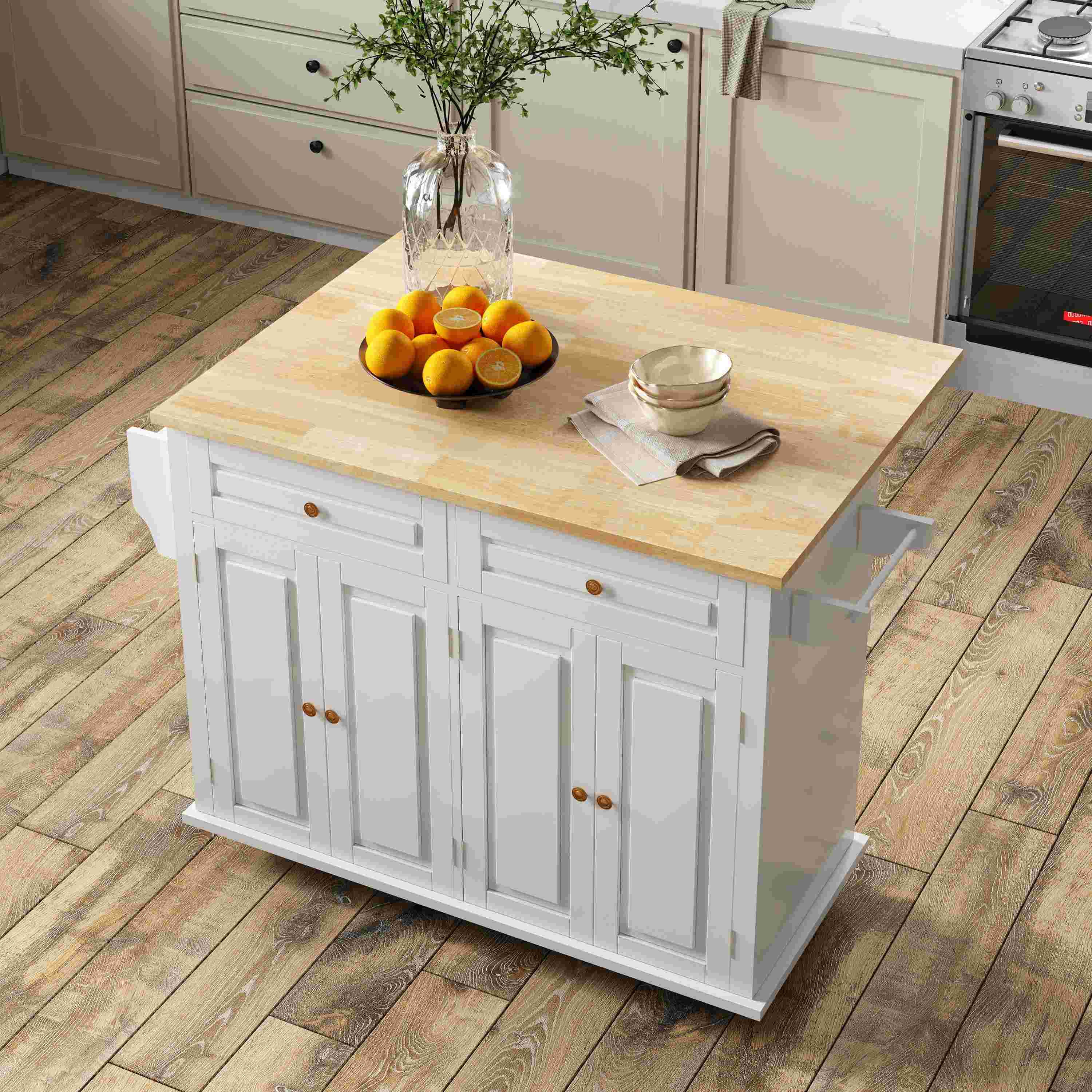 Portable Large Wood Rolling Kitchen Island with Drop Leaf and Storage