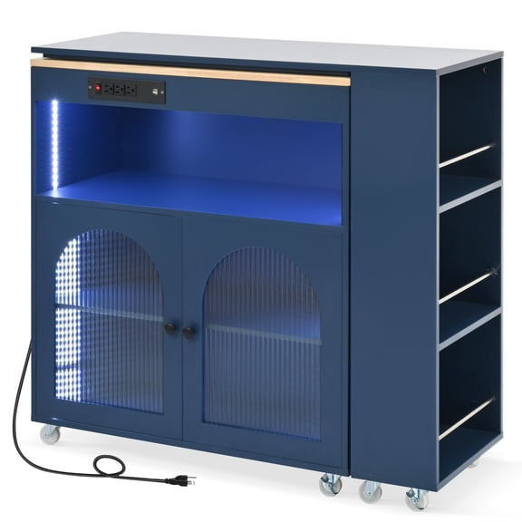 Rolling Kitchen Island With Extended Table, Kitchen Island on Wheels with LED Lights,Power Outlets and 2 Fluted Glass Doors, Kitchen Island with a Storage Compartment and Side 3 Open Shelves