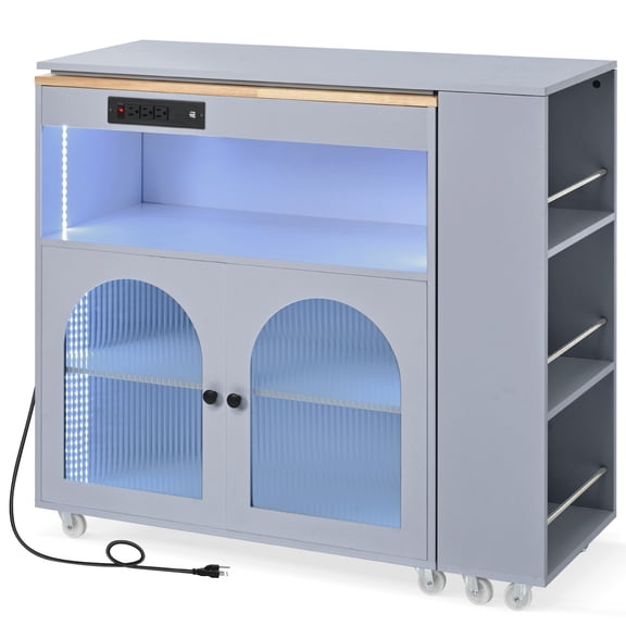 Rolling Kitchen Island With Extended Table, Kitchen Island on Wheels with LED Lights,Power Outlets and 2 Fluted Glass Doors, Kitchen Island with a Storage Compartment and Side 3 Open Shelves
