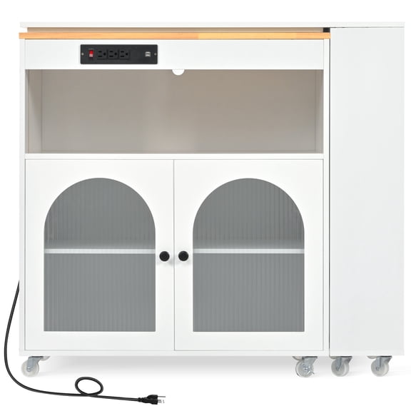 Rolling Kitchen Island With Extended Table, Kitchen island on Wheels with LED Lights,Power Outlets and 2 Fluted Glass Doors, Kitchen Island with a Storage Compartment and Side 3 Open Shelves,White