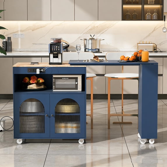 Rolling Kitchen Island with Extended Table, LED Lights & Power Outlets, 2 Fluted Glass Doors, Storage Compartment & 3 Side Open Shelves, Grey Mobile Cart for Kitchen