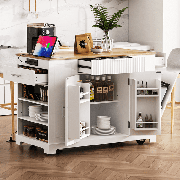 Fluted Kitchen Island with Trash Can Storage, Power Outlet & Internal Rack, Rolling Cart with 3 Drawers & 3 Open Shelves, 5-Wheel Mobile Kitchen Island for 10 Gallon Bin, White
