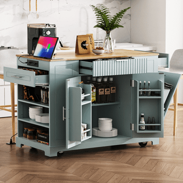 Rolling Kitchen Island with Power Outlet, Kitchen Trash Cabinet Tilt Out 10 Gallon Storage, Storage Kitchen Cart with Rubberwood Top, Drawers and Spice Rack for Dining Room, Blue