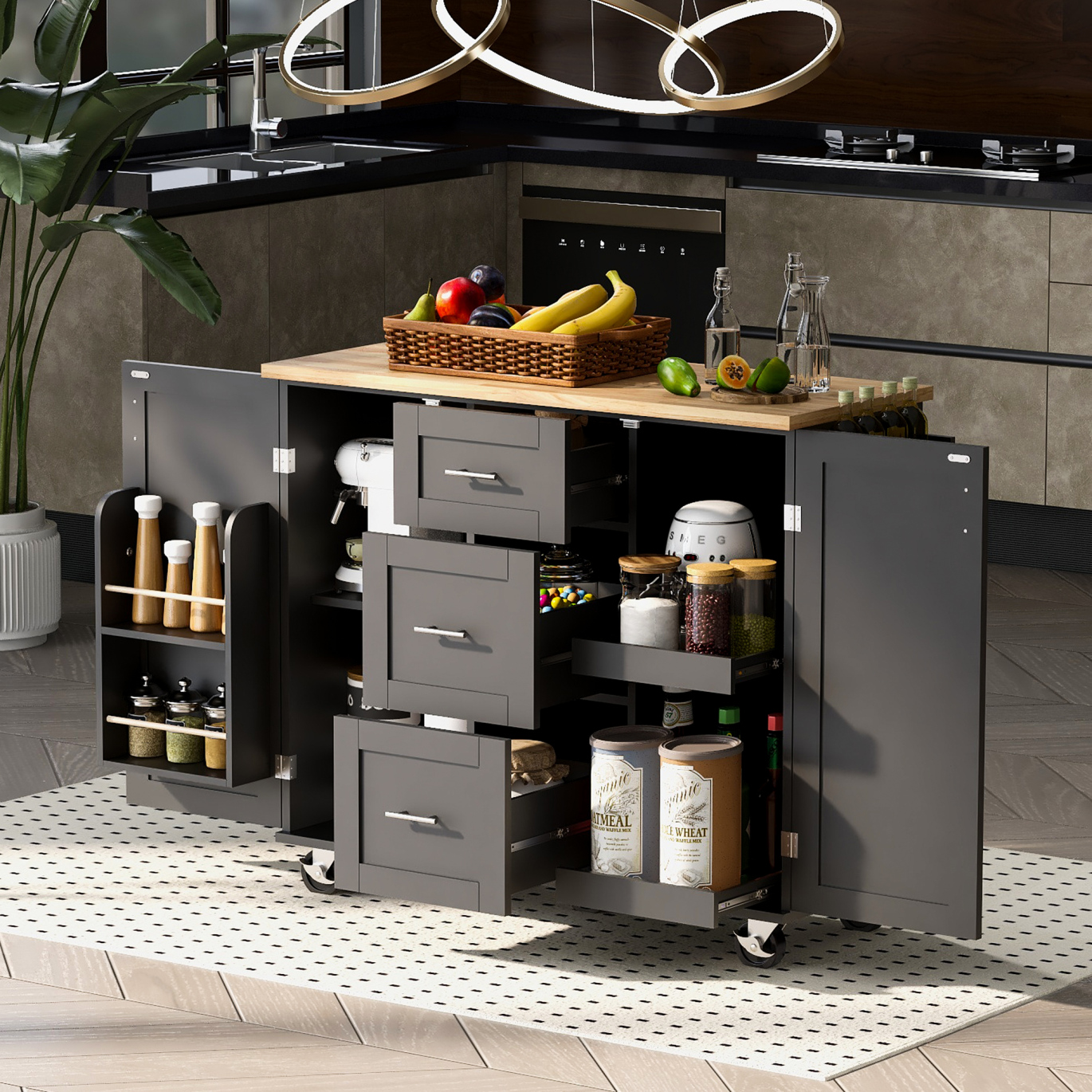 Rolling Kitchen Island with Rubber Wood Table Top, Kitchen Cart on ...