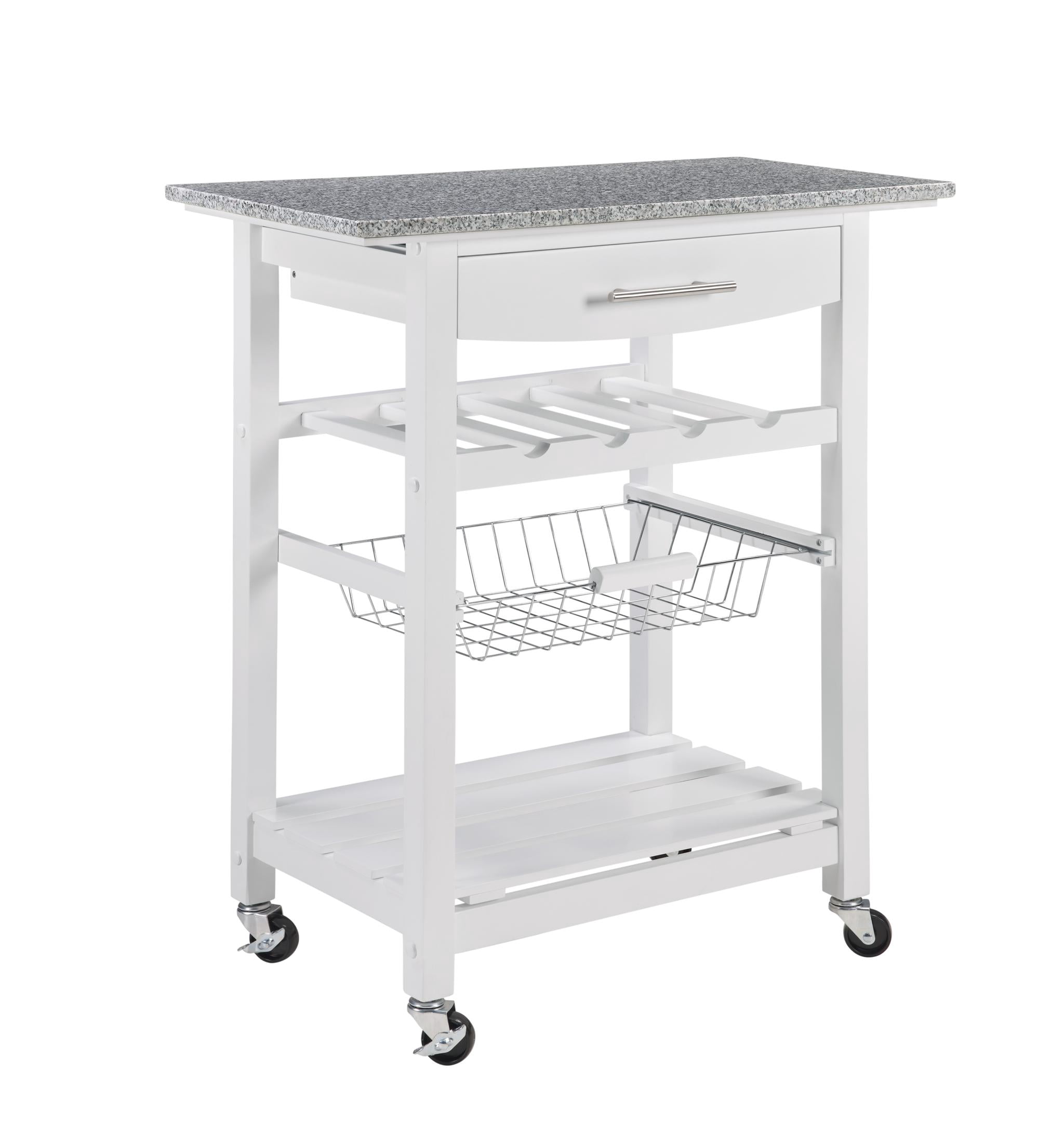 Rolling Kitchen Island Serving Cart with Underneath Drawer & Slide-Out Wire Storage Basket