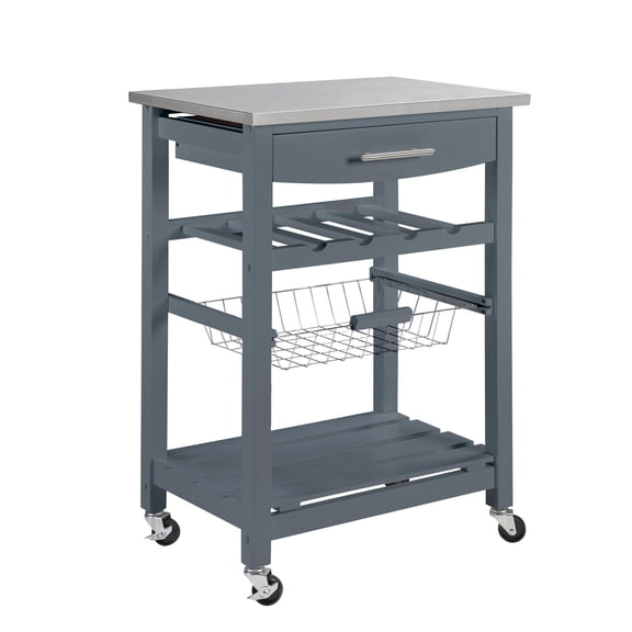Rolling Kitchen Island Serving Cart with Underneath Drawer & Slide-Out Wire Storage Basket