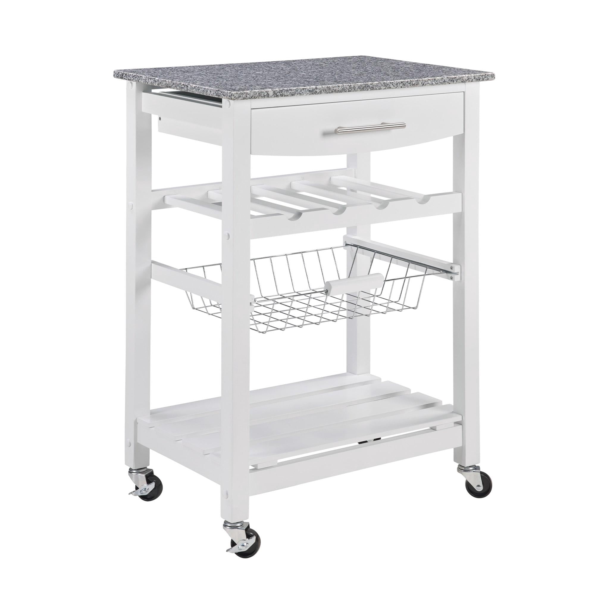 Rolling Kitchen Island Serving Cart with Underneath Drawer & Slide-Out Wire Storage Basket